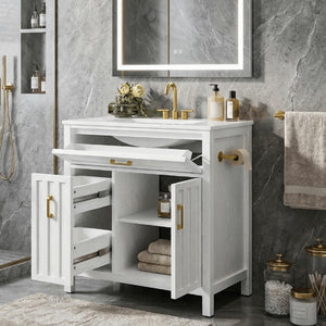 30" Bathroom Vanity with Ceramic Sink, Soft-Close Drawers & Towel Bar – White