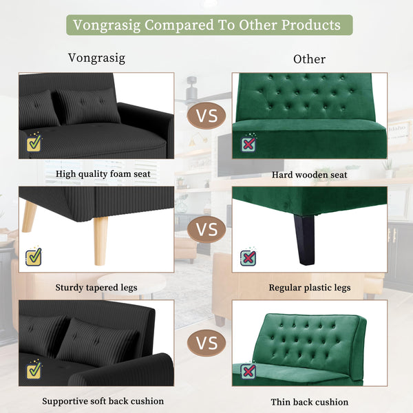 48" Corduroy Loveseat Sofa with Tufted Back & Tapered Legs