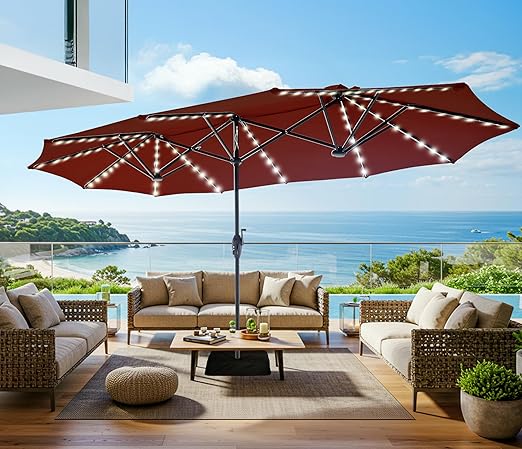 13ft Double-Sided Patio Umbrella with 120 LED Solar Lights & 12 Ribs