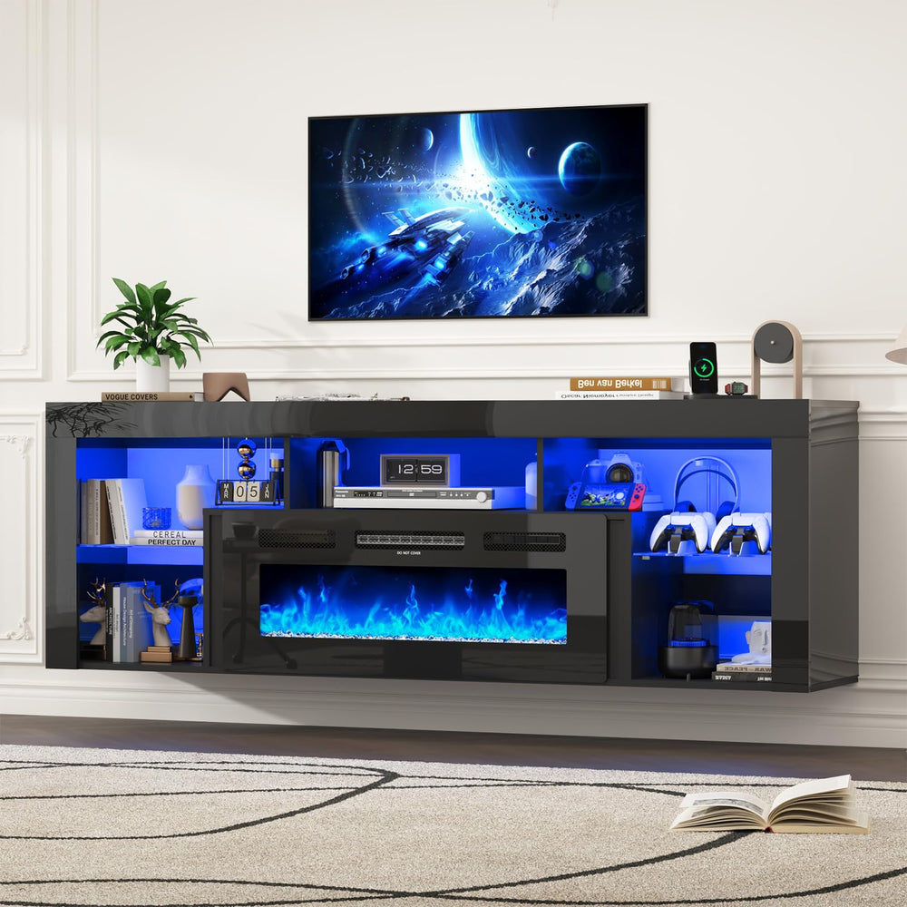 71" Floating Fireplace TV Stand with Electric Fireplace & LED Lights