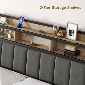 Upholstered Headboard with LED Light, Storage & Charging Station