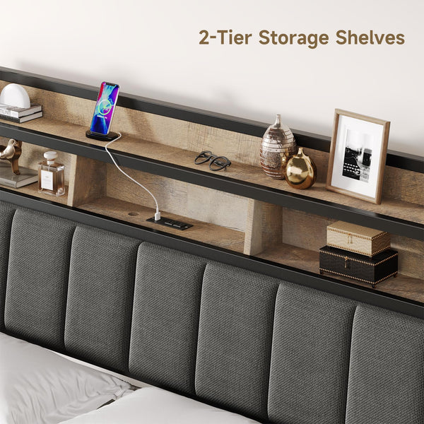 Upholstered Headboard with LED Light, Storage & Charging Station