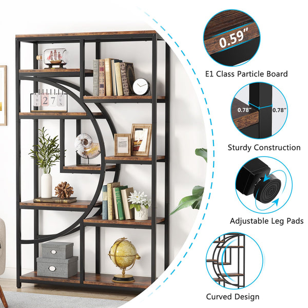 Industrial 5-Tier Etagere Bookcase with 9 Open Shelves, 2-Pack