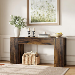 63-Inch Farmhouse Console Table with Wooden Double Base – Rustic Brown