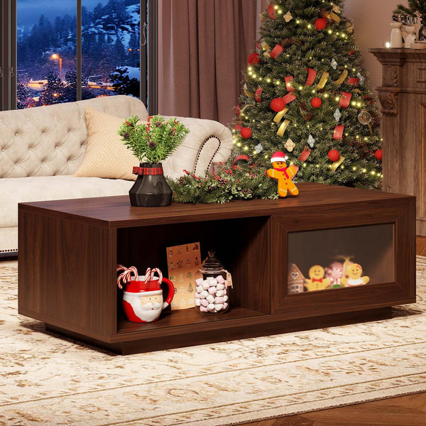 Coffee Table with Sliding Doors & Open Storage Shelf