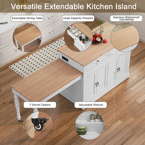 Extendable Kitchen Island Cart with Storage, Drawers & Power Outlet