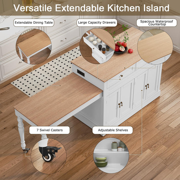 Extendable Kitchen Island Cart with Storage, Drawers & Power Outlet
