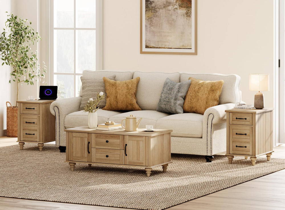 3-Piece Farmhouse Living Room Table Set with Charging Station