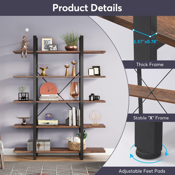 5-Tier Industrial Bookshelf 72" Tall – Metal Frame & Wood Shelves