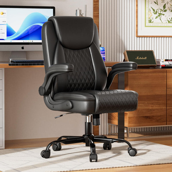 Ergonomic Leather Office Chair with Flip-Up Arms & Lumbar Support