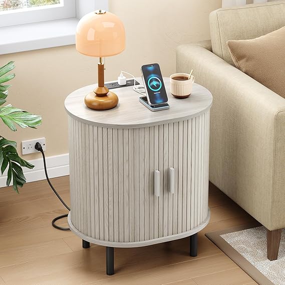 Fluted End Table with Storage & Charging Station