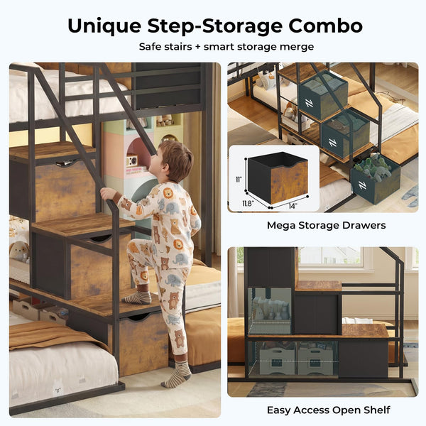 Triple Bunk Bed with Storage Staircase, RGB Lights & Charging Station – Twin Over Twin