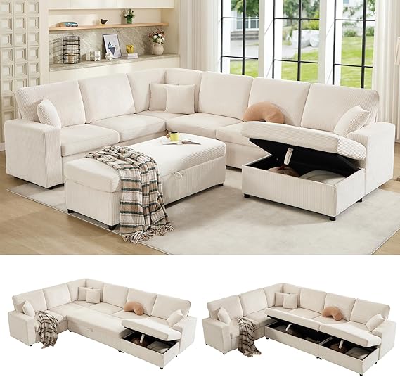 129-Inch Sectional Sofa with Storage Ottoman & Sleeper