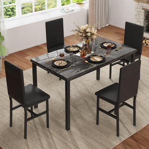 5-Piece Faux Marble Dining Table Set with 4 PU Leather Chairs