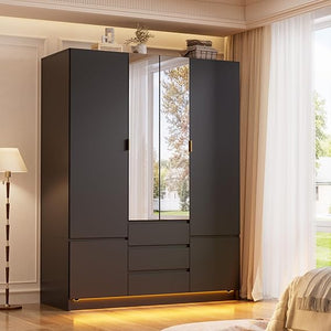 4-Door Armoire Wardrobe with LED Light & Mirror