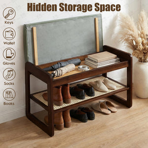 2-Tier Bamboo Shoe Rack Bench with Cushion & Hidden Storage