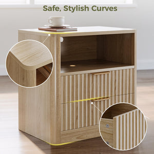 Fluted Nightstand Set of 2 with Charging Station, Drawers & Open Shelves