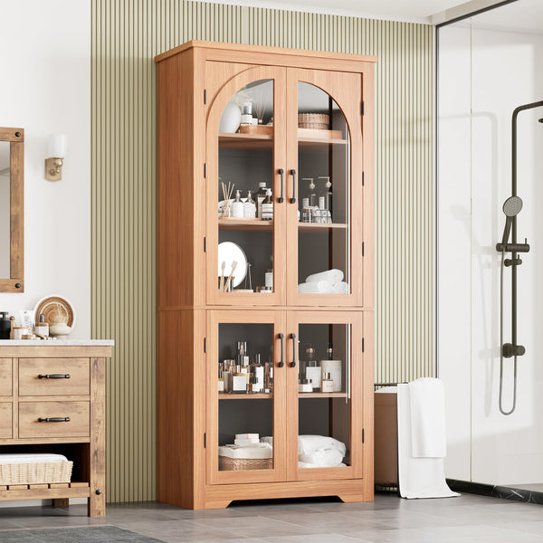 70" Tall Kitchen Pantry Cabinet with 4 Arched Glass Doors & Adjustable Shelves
