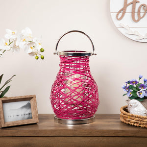 Pink Woven Iron Pillar Candle Lantern with Glass Hurricane