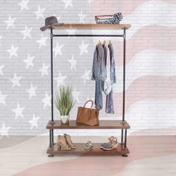 Industrial Pipe Clothing Rack with Wood Shelving