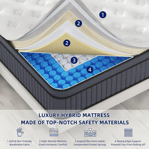 EEN EEN SLEEP 14 Inch Medium Plush King Size Mattress [Upgraded] King Hybrid Mattresses in A Box with Gel Memory Foam & Pocket Springs, Strong Edge Support,Pressure Relief,CertiPUR-US,365-Night Trial