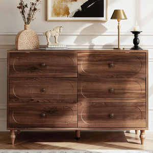 6 Drawer Mid-Century Dresser with Solid Wood Legs – 47" Wide Dark Walnut Chest