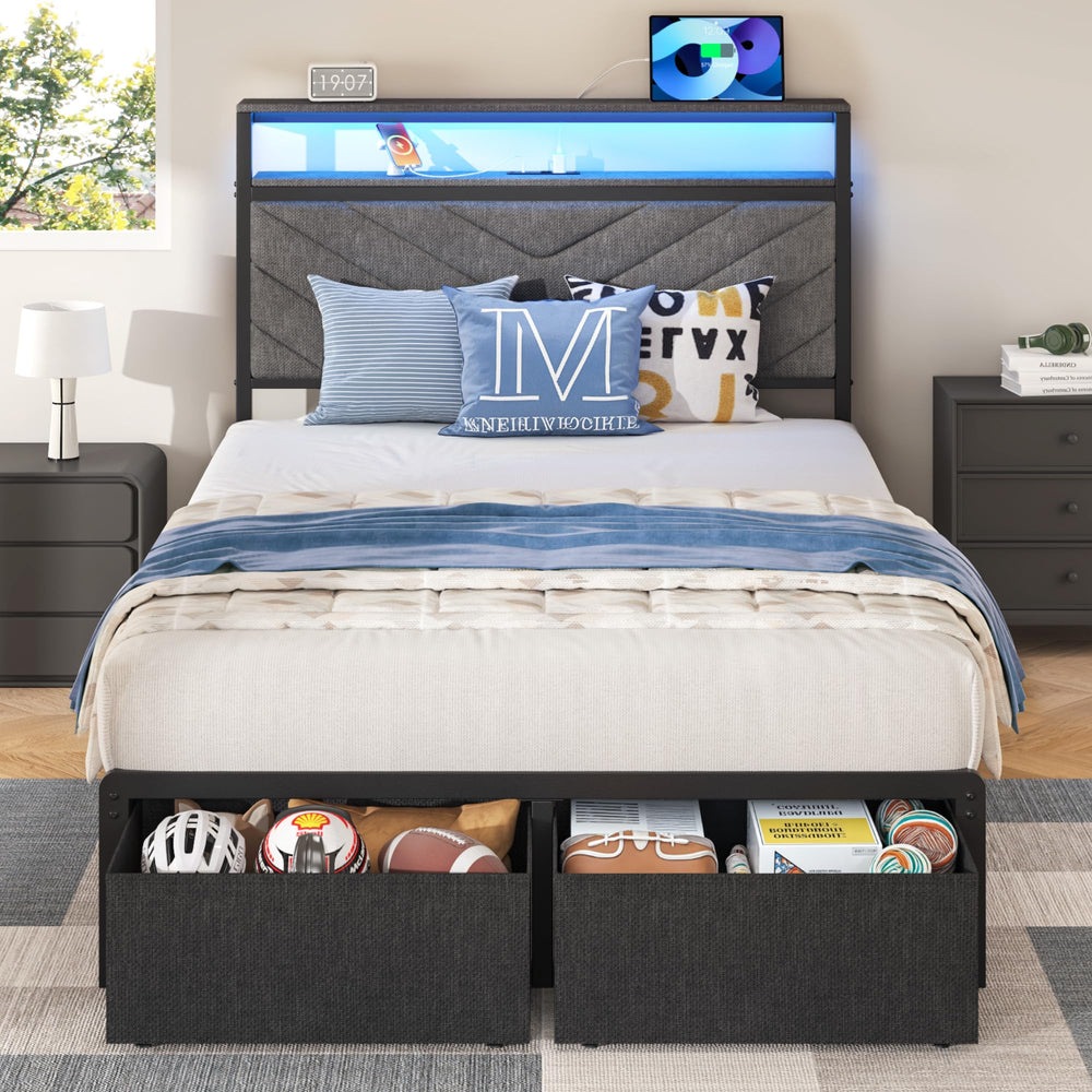 LED Storage Platform Bed with Charging Station & Upholstered Headboard