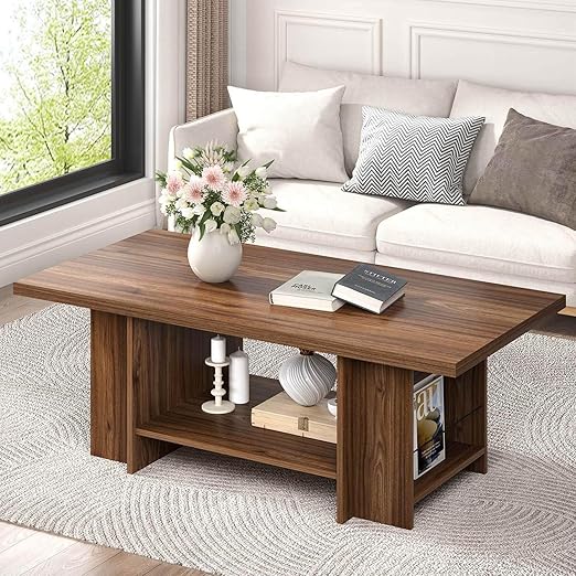 Rustic 2-Tier Coffee Table with Storage Shelves