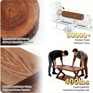 Solid Oak 2-Tier Coffee Table with X-Shaped Base
