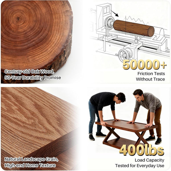 Solid Oak 2-Tier Coffee Table with X-Shaped Base