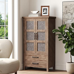 Boho Wood Accent Cabinet with Hand-Carved Drawers – Fully Assembled