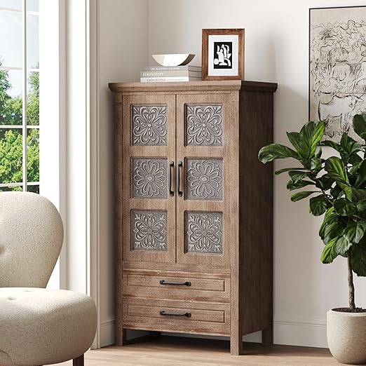 Boho Wood Accent Cabinet with Hand-Carved Drawers – Fully Assembled