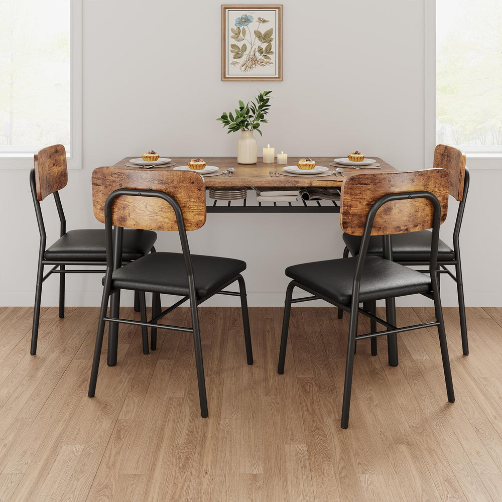 5-Piece Dining Table Set with Storage Rack & Upholstered Chairs
