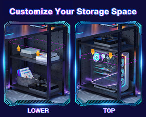 LED Gaming Desk with Storage Shelves & Monitor Stand