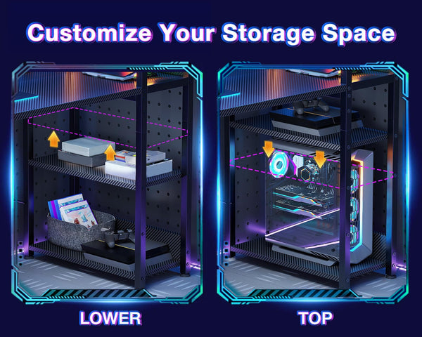 LED Gaming Desk with Storage Shelves & Monitor Stand