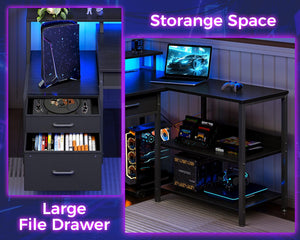 L-Shaped Gaming & Office Desk with Storage, LED Lighting & Power Outlet
