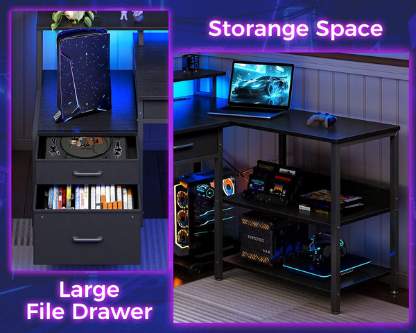 L-Shaped Gaming & Office Desk with Storage, LED Lighting & Power Outlet