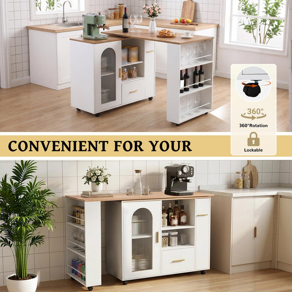 Swivel Kitchen Island with Storage, Drawers & Shelves
