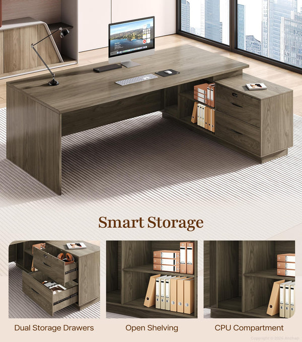 L-Shaped Executive Desk with Power Outlets & Storage