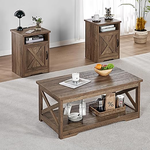 3-Piece Farmhouse Coffee Table & End Table Set with Charging Station