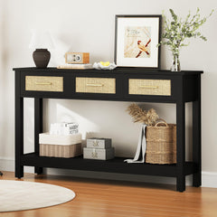 Rattan Console Table with 3 Drawers – Narrow Entryway Sofa Table with Storage
