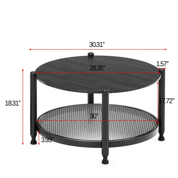 Round Coffee Table with Rattan Storage Shelf