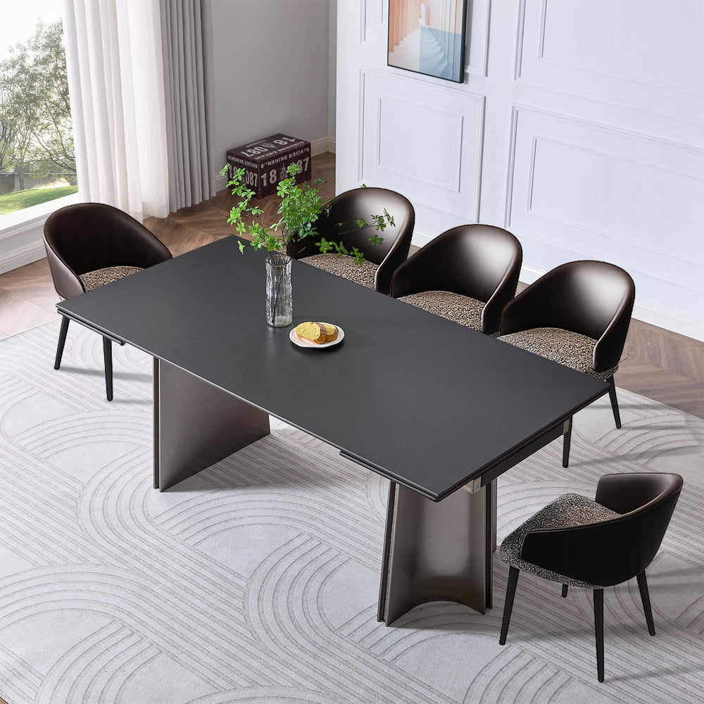 Extendable Dining Table for 8–12 Seats | Rock Plate & Tempered Glass Top | Stainless Steel Legs | Pure Black
