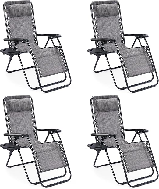 Zero Gravity Outdoor Lounge Chair Set of 2 with Cup Holder & Adjustable Pillow