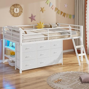 Twin Low Loft Bed with 9 Storage Drawers, LED Lights & Safety Guardrail