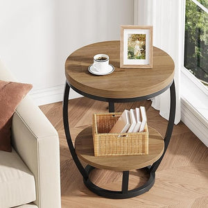 2-Tier Round Industrial End Table with Metal Frame