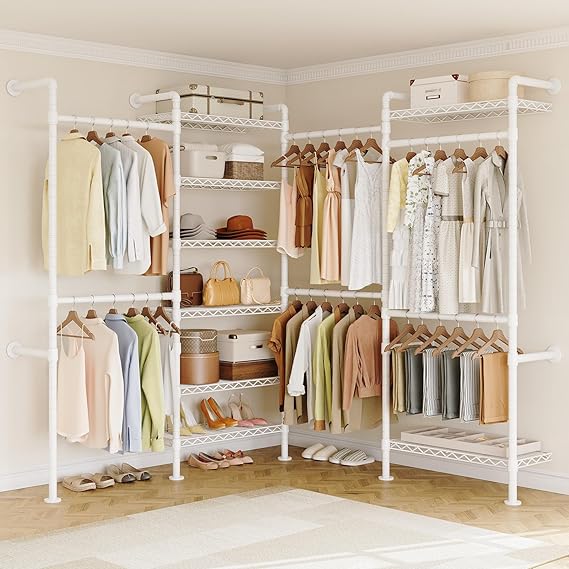 Wall Mounted Industrial Pipe Clothing Rack with 6 Rods & 8 Shelves