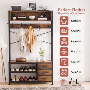6-in-1 Hall Tree with Bench, 12 Hooks, 3 Drawers & Shoe Storage – 31.5"L x 11.8"W x 20.5"H