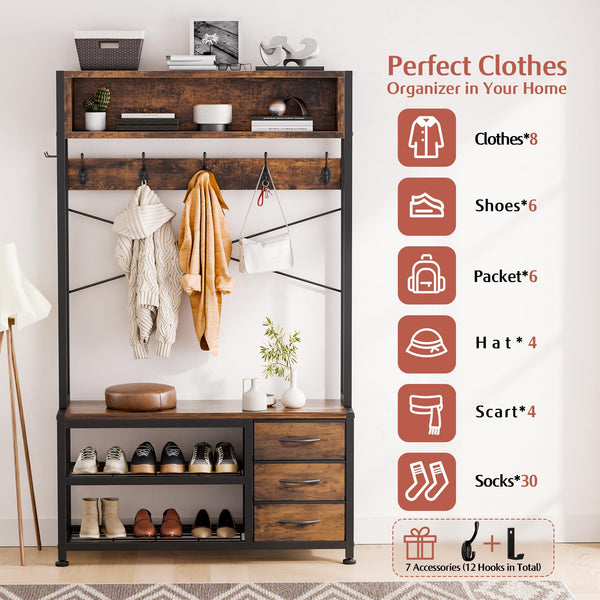 6-in-1 Hall Tree with Bench, 12 Hooks, 3 Drawers & Shoe Storage – 31.5"L x 11.8"W x 20.5"H