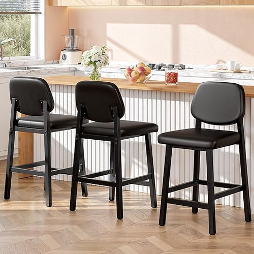 Counter Height Bar Stools Set of 3, 26" Upholstered Kitchen Bar Chairs with Metal Legs